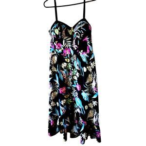 Chance Destiny Medium Black Tropical Spaghetti Strap Dress Neon Ruffle